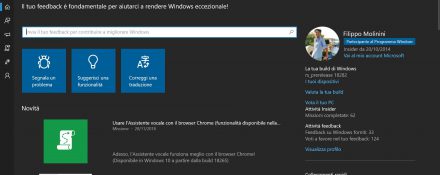 Hub di Feedback nuovo design tema scuro Windows 10