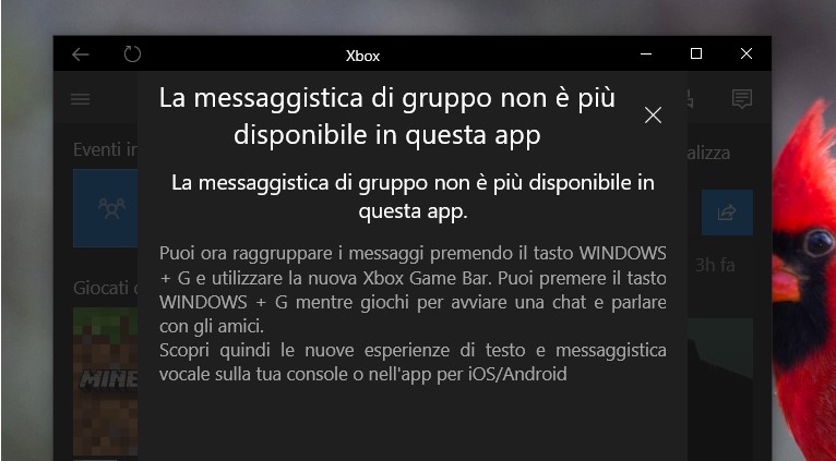 Messaggi di gruppo rimossi Xbox Windows 10