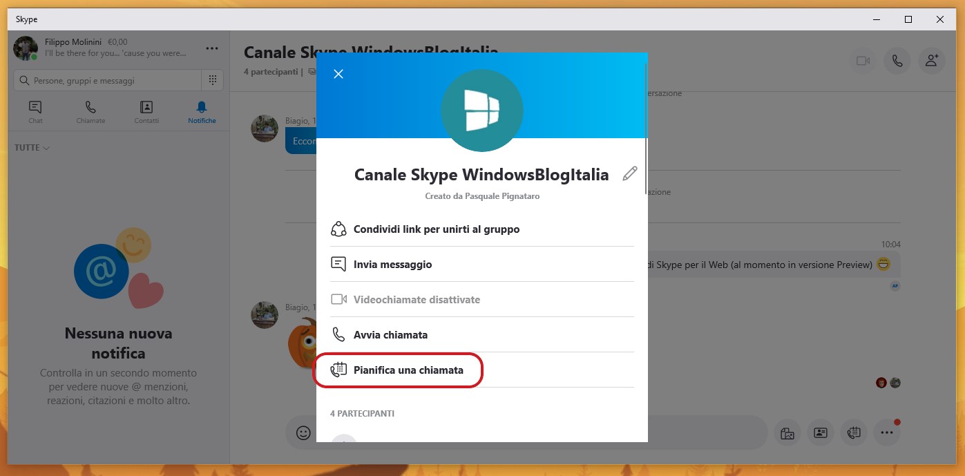 Skype per Windows 10 opzione pianifica chiamata per i gruppi