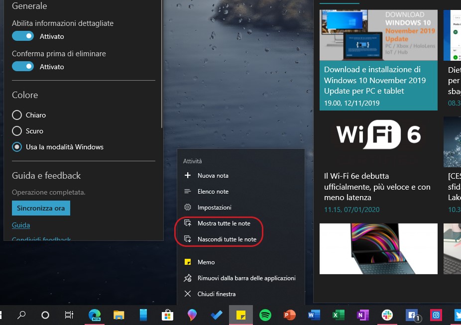 Memo per Windows 10 opzioni mostra e nascondi tutte le note