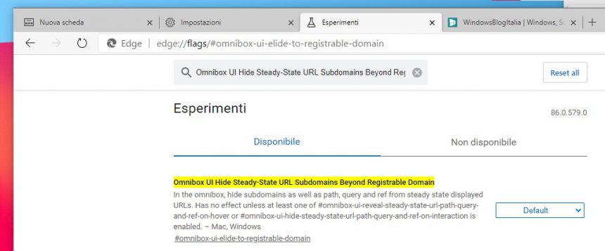 Microsoft Edge con flag per visualizzare o meno l'intero indirizzo URL dei siti