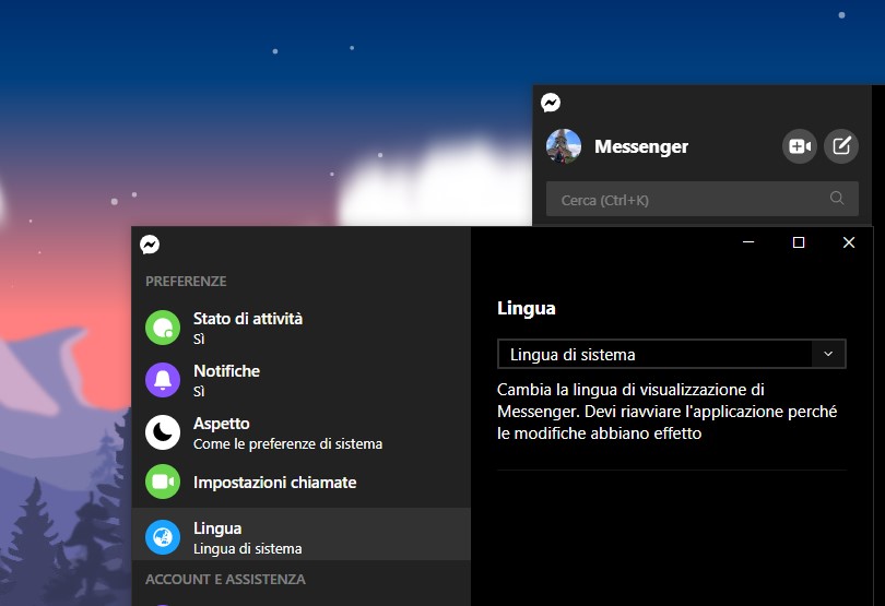 Messenger per Windows 10 selettore della lingua dell'app