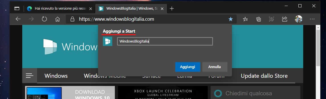 Microsoft Edge - Aggiungi sito al menu Start