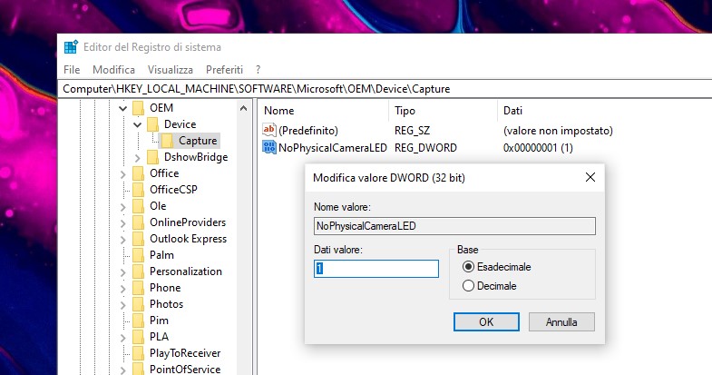 Editor del Registro di sistema - Windows 10 - NoPhysicalCameraLED