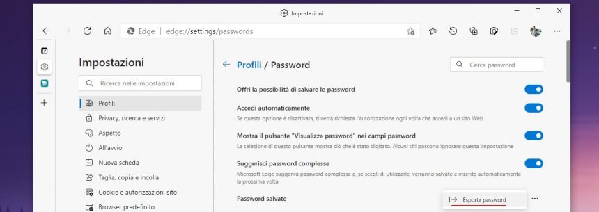 Microsoft Edge - Esporta password in file CSV