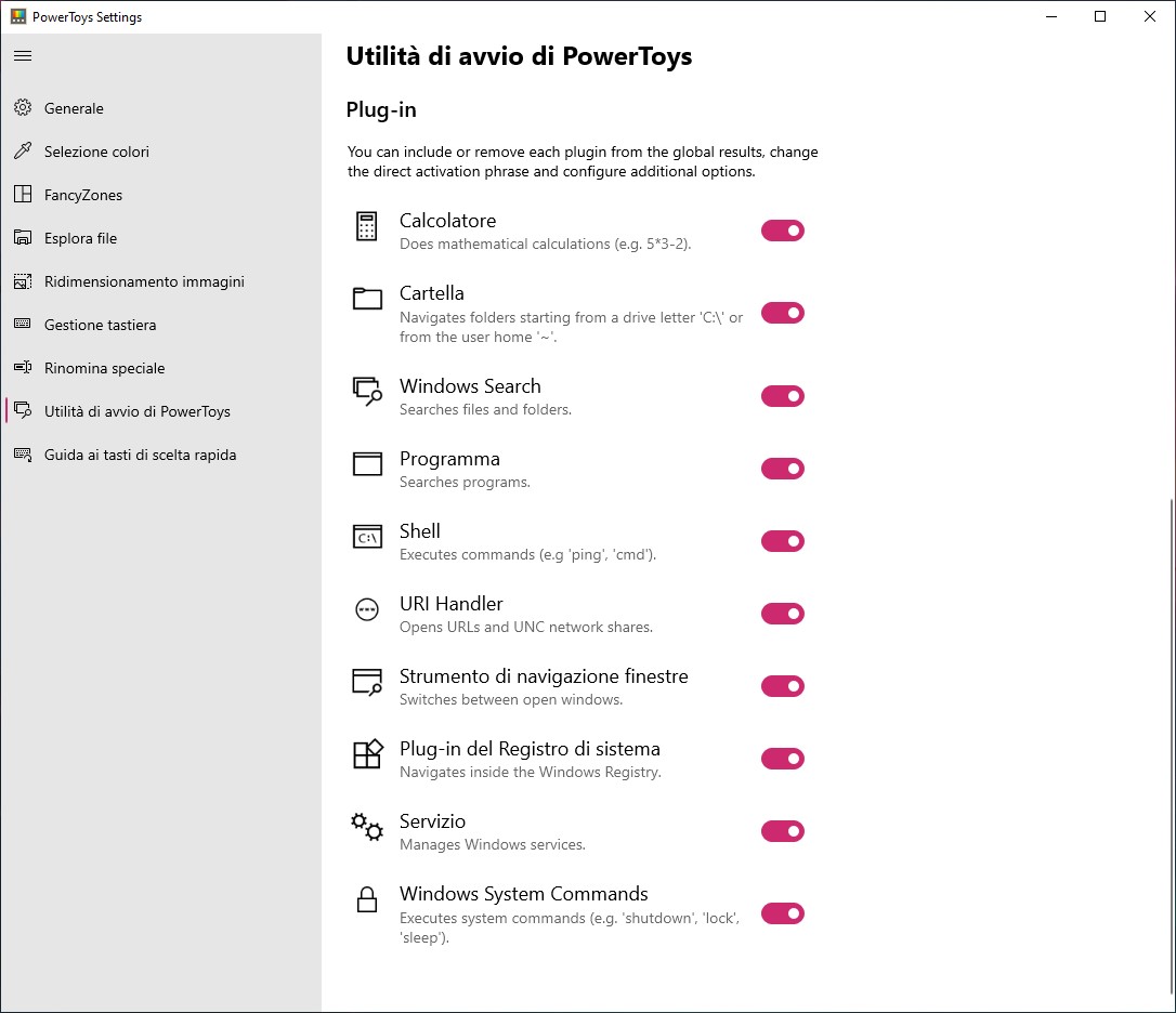 PowerToys per Windows 10 - Pagina di gestione plugin per Utilità di avvio di PowerToys