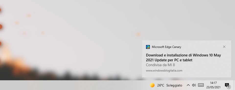Microsoft Edge - Invia ai dispositivi - Notifica per la pagina web inviata sul PC