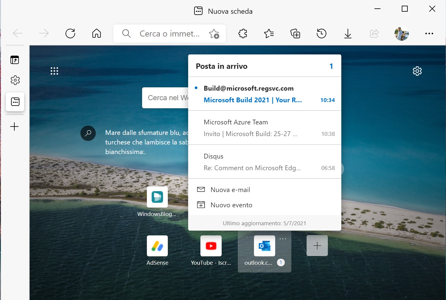 Microsoft Edge - Smart tile di Outlook