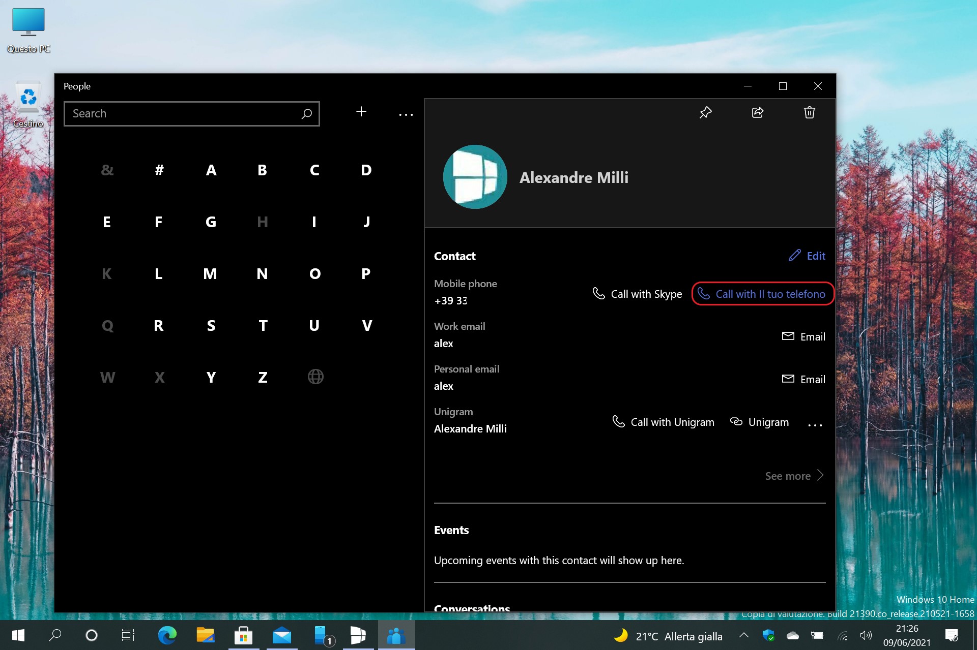 Contatti Microsoft per Windows - Chiama con Il tuo telefono