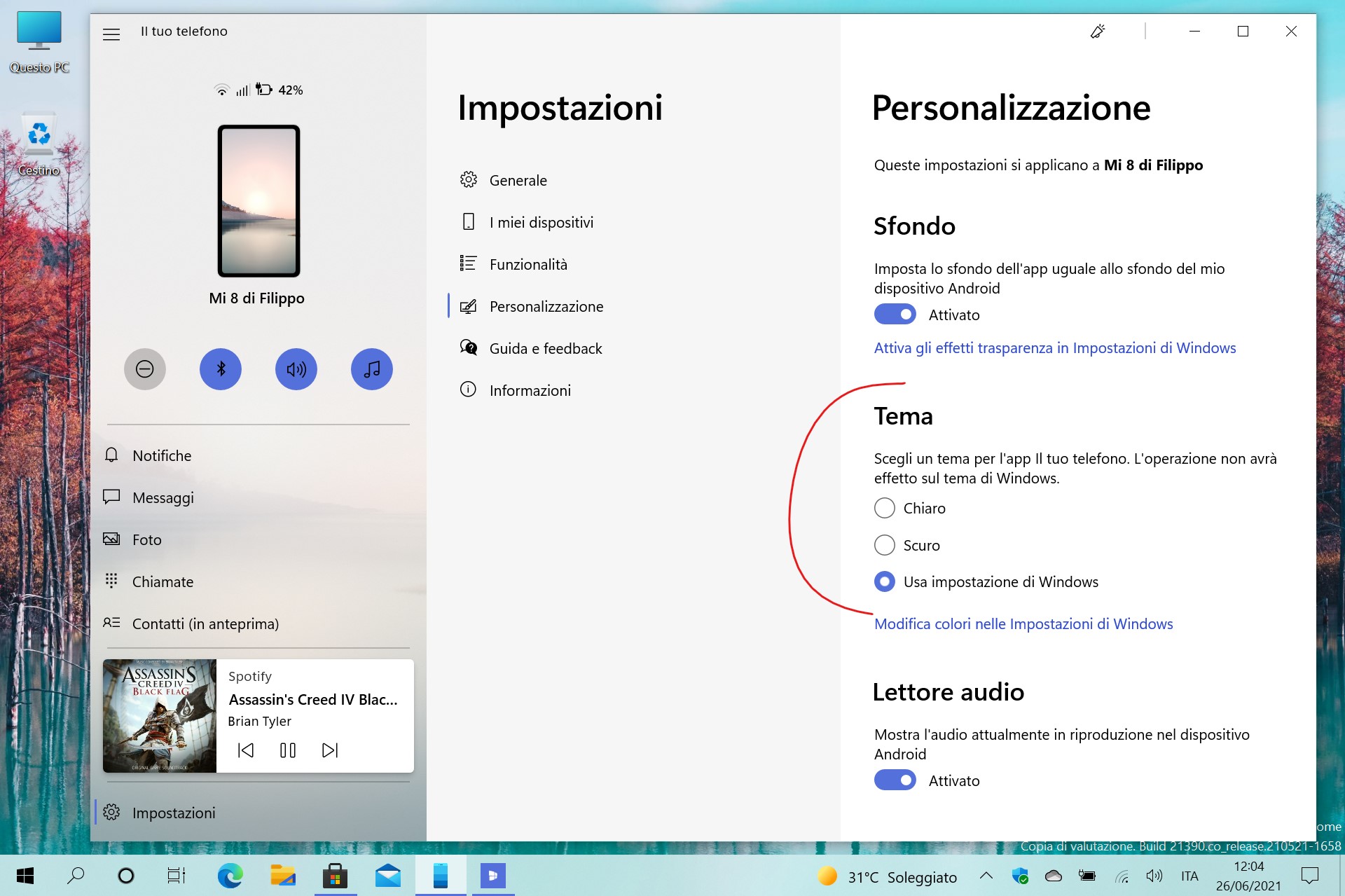 Il tuo telefono (Your Phone) per Windows - Impostazioni personalizzazione tema