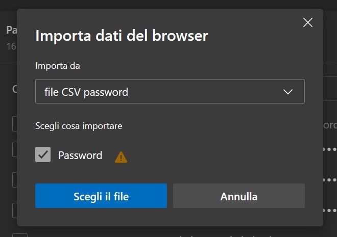 Microsoft Edge - Importa password da file CSV