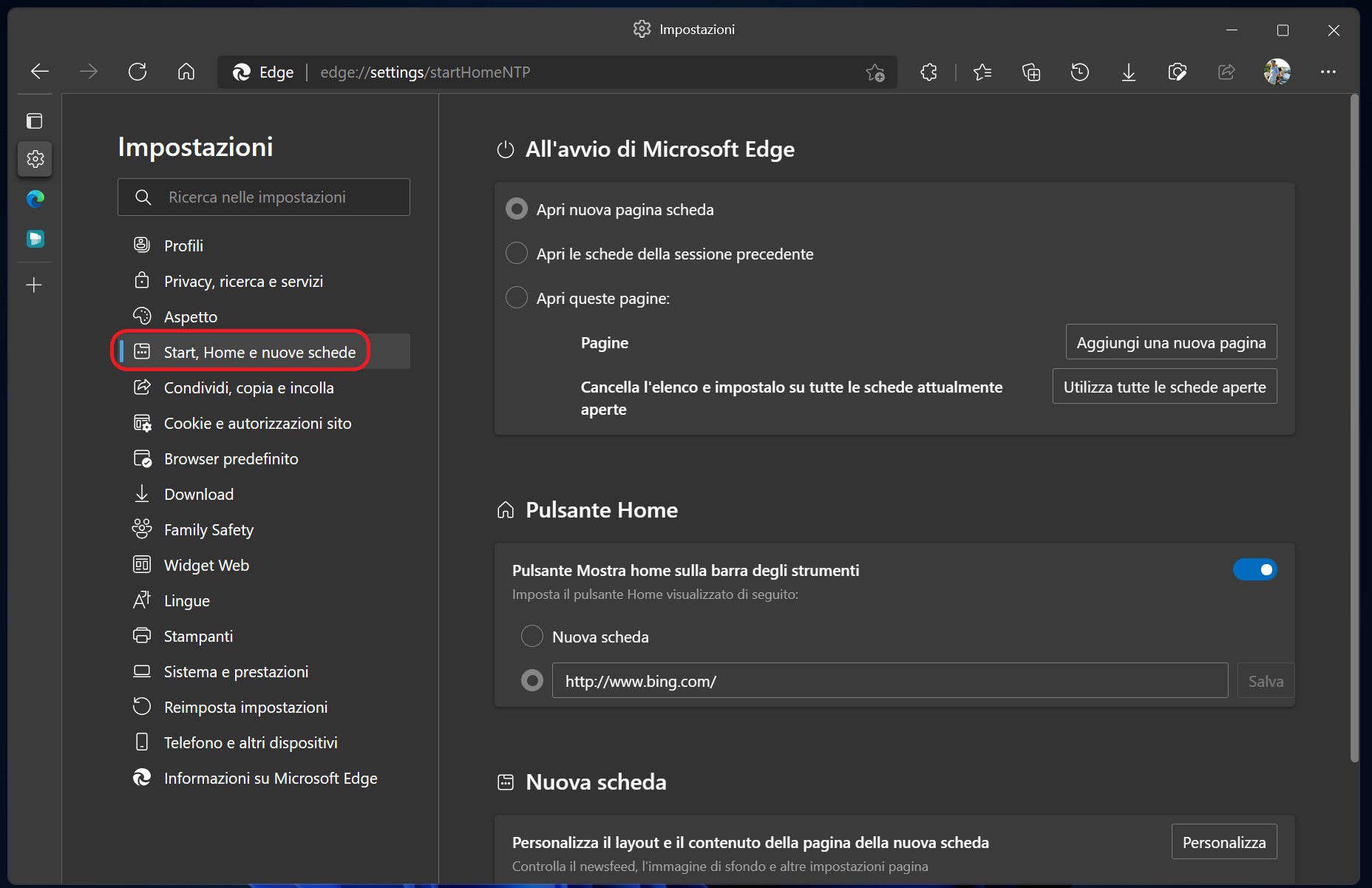 Microsoft Edge Dev - Pagina impostazioni Start, Home e nuove schede