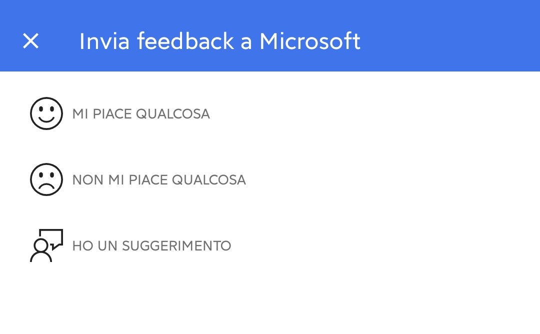Microsoft Outlook per Android - Nuova pagina per i feedback