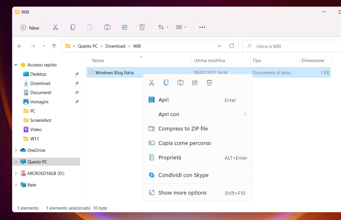 Windows 11 Build 22000.51 - Nuovo menu contestuale adattivo