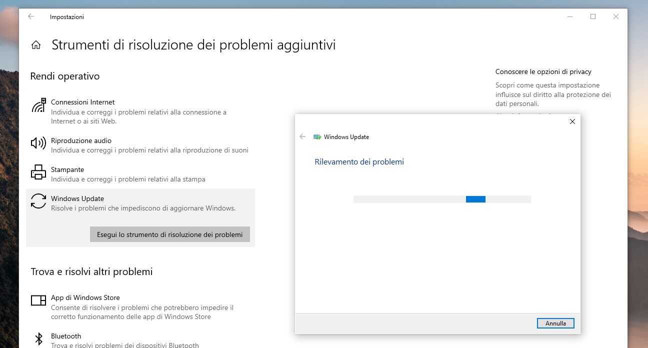 Windows Update - Esegui strumento di risoluzione problemi