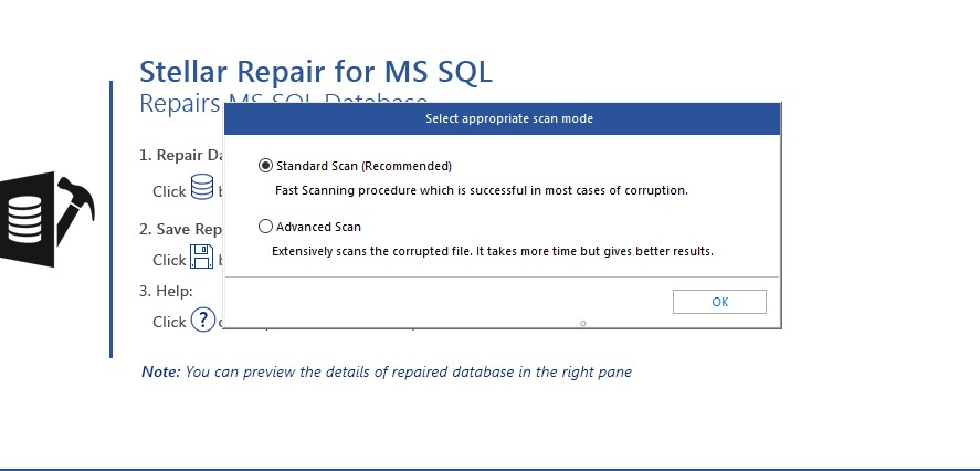 Stellar Repair for MS SQL per Windows - Modalità di scansione del database
