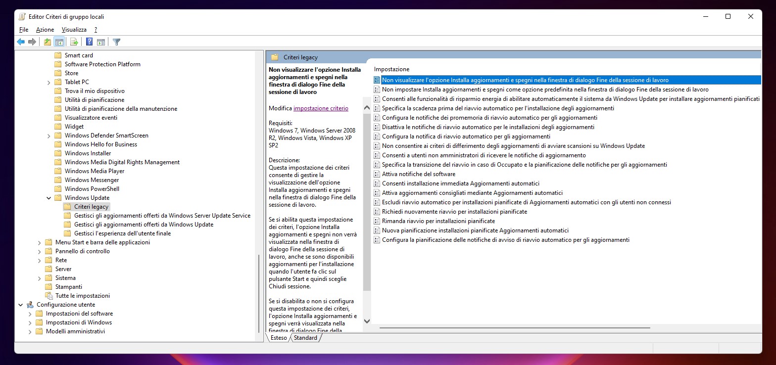 Windows 11 - Editor Criteri di gruppo locali - Windows Update - Criteri legacy