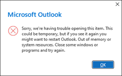 Fix errori “problemi apertura elemento” e “memoria insufficiente” su Outlook