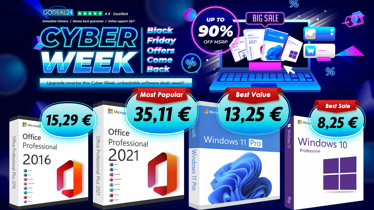 Super vendita di software per la Cyber Week: Office a vita parte da 15,29€ e Windows 11 Pro originale al 100% a soli 13,29€!