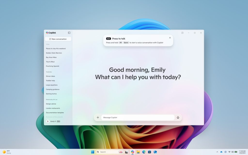 L’app di Copilot per Windows introduce la scorciatoia Premi per parlare